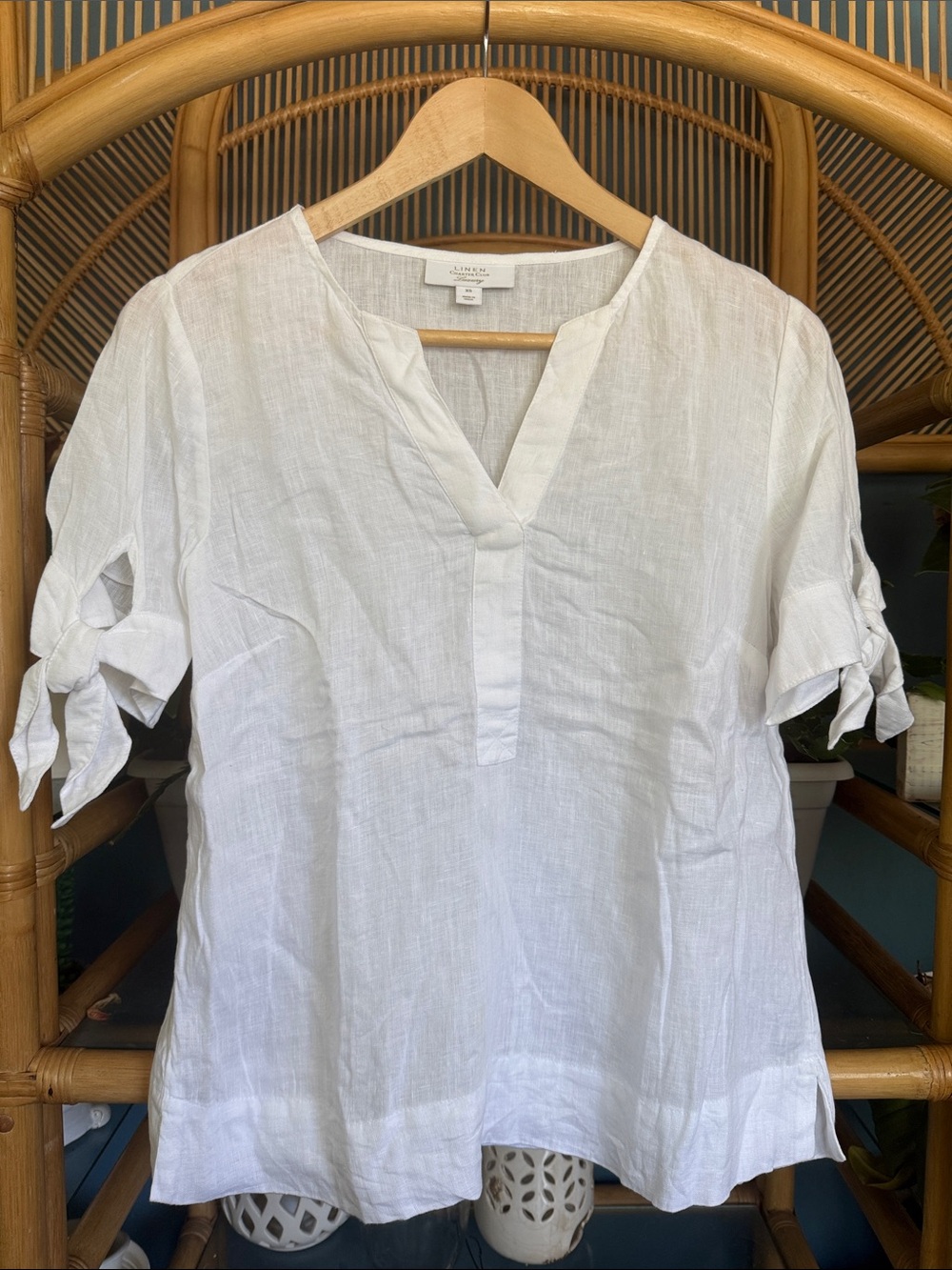 Charter Club White Linen V-Neck Tie-Sleeve Tunic Blouse